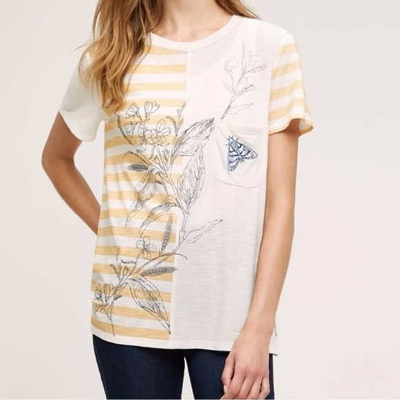 Anthropologie Tops - ANTHROPOLOGIE POSTMARK Women’s Ivory Yellow Embroidered Pocket Tee Moth Size S